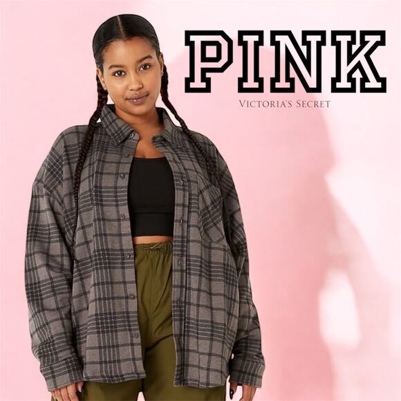 Victoria Secret PINK Plaid Flannel Long Sleeve Fleece Shacket Oversized Size S - Picture 1 of 8